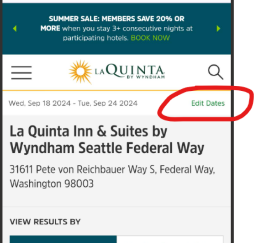 Edit dates button on La Quinta mobile booking page